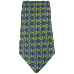 Men's HERMES Navy & Green Fish Print Silk Tie