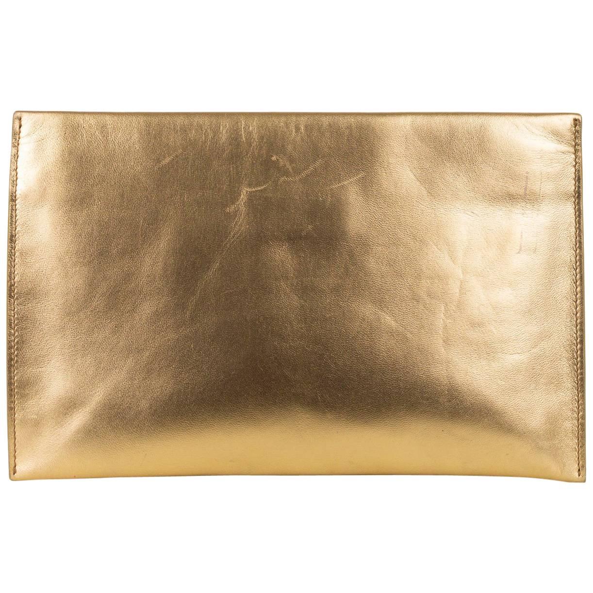 Roberto Cavalli Solid Gold Metallic Grained Leather Zip Clutch For Sale