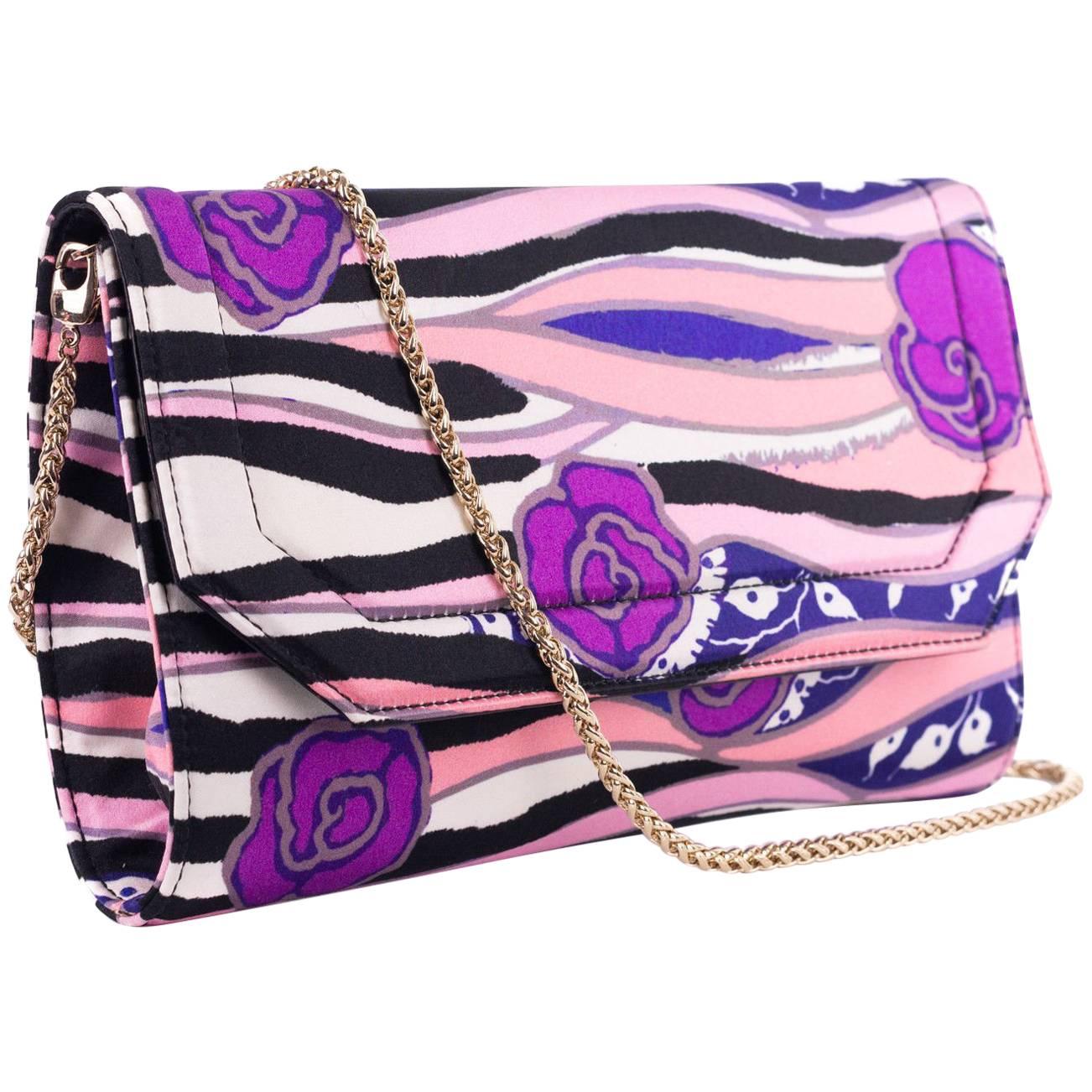 Roberto Cavalli Multicolor Pink Satin Floral Clutch Shoulder Bag For Sale