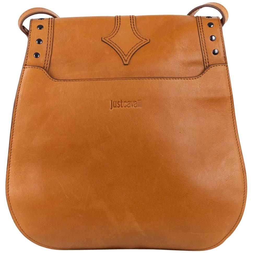 Roberto Cavalli Cognac Brown Leather Studded Cross Body Shoulder Bag For Sale