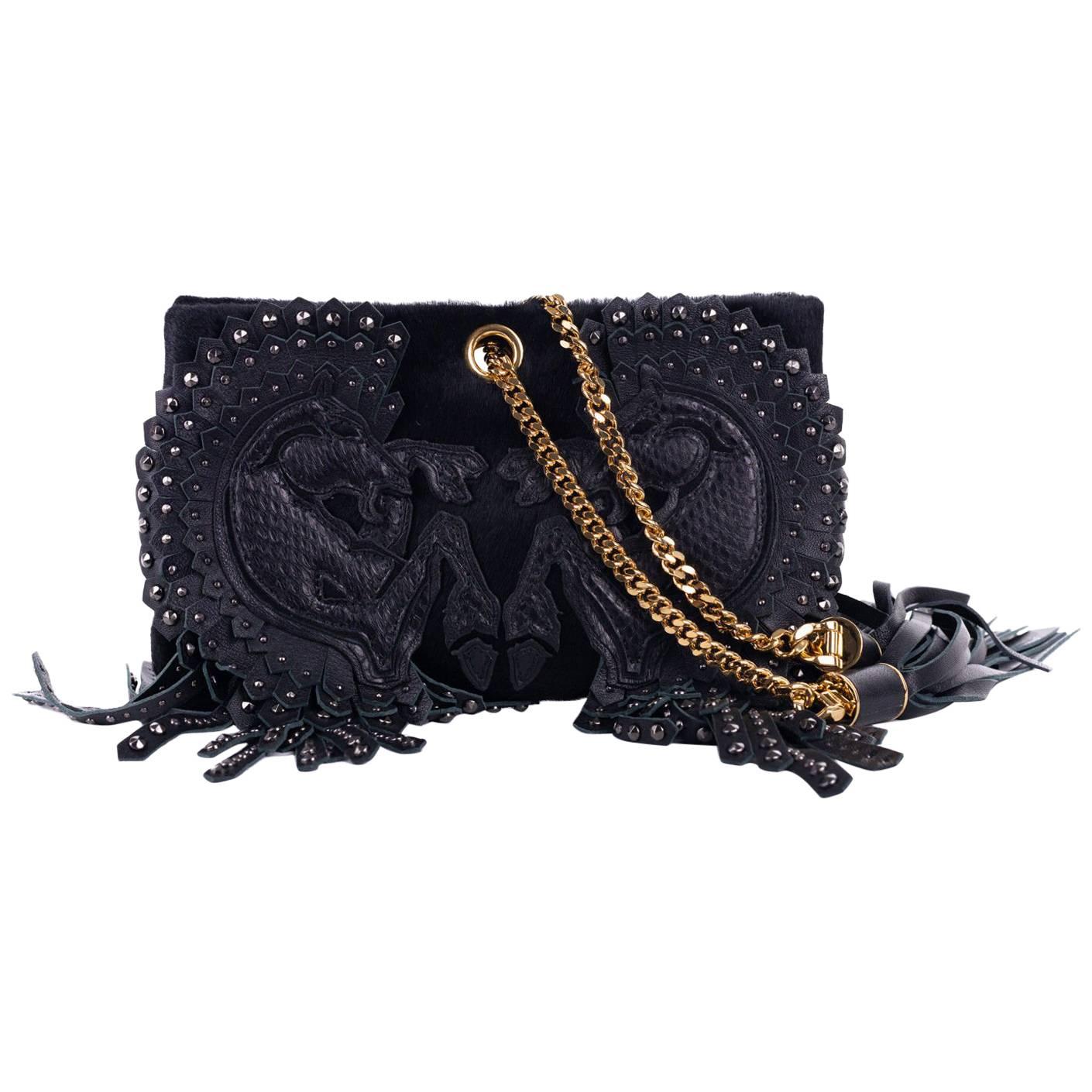 Roberto Cavalli Black Calf Hair Studded Leather Tassel Clutch For Sale