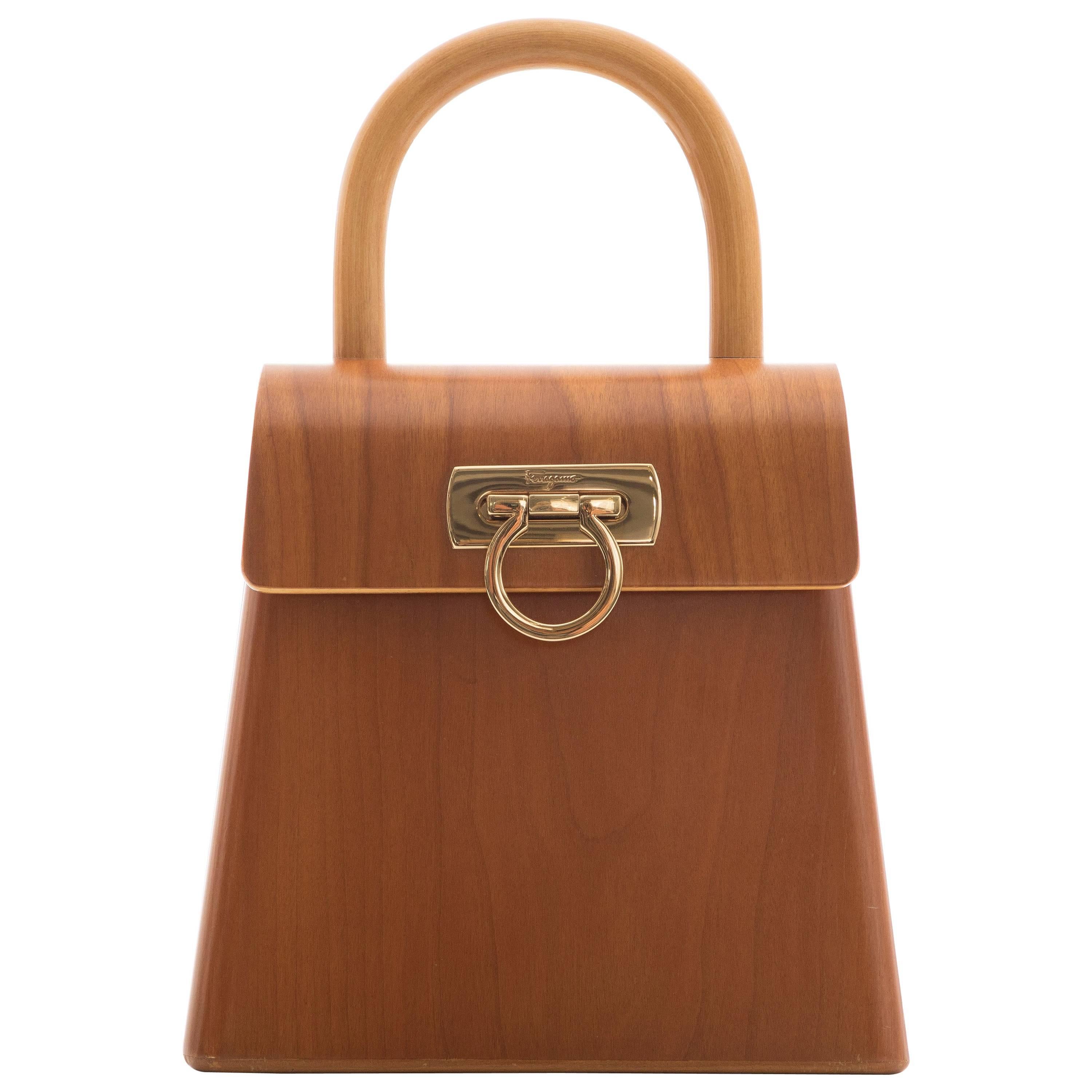 Salvatore Ferragamo Gancini Top Handle Cherry Wood Handbag, Circa 1997 - 1998