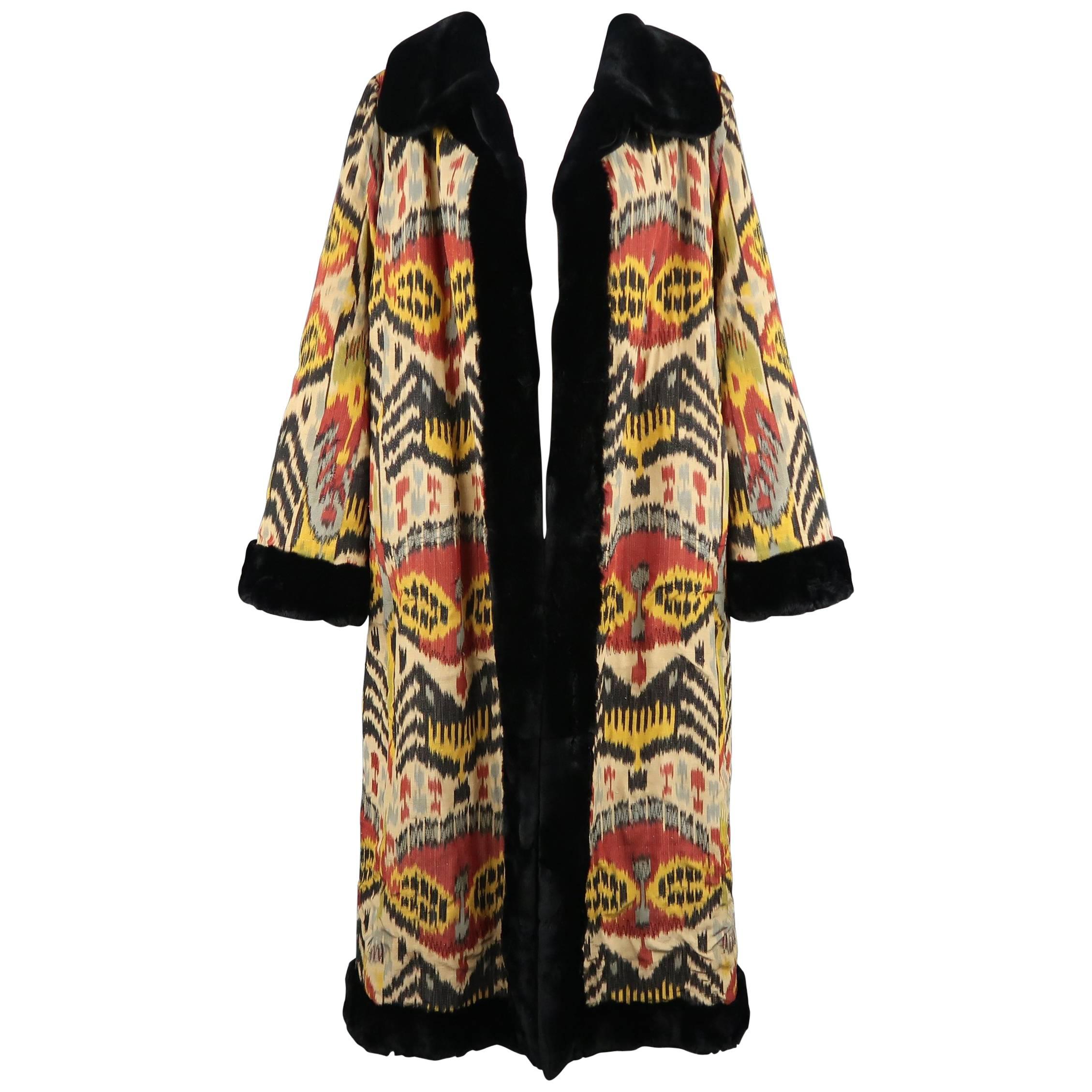 Oscar De La Renta Print Silk and Embroidered Mink Fur Opera Evening Ikat Coat 