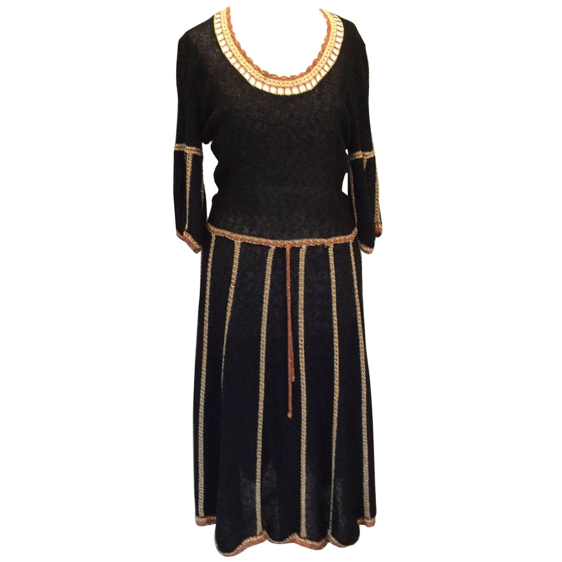 1970s Mary Ruane Black knit dress with copper and soft gold detail For Sale