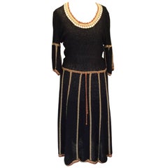 Vintage 1970s Mary Ruane Black knit dress with copper and soft gold detail