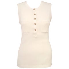 Chanel Ribbed Knit White Sleeveless Top w Silver Tone Buttons for Closure