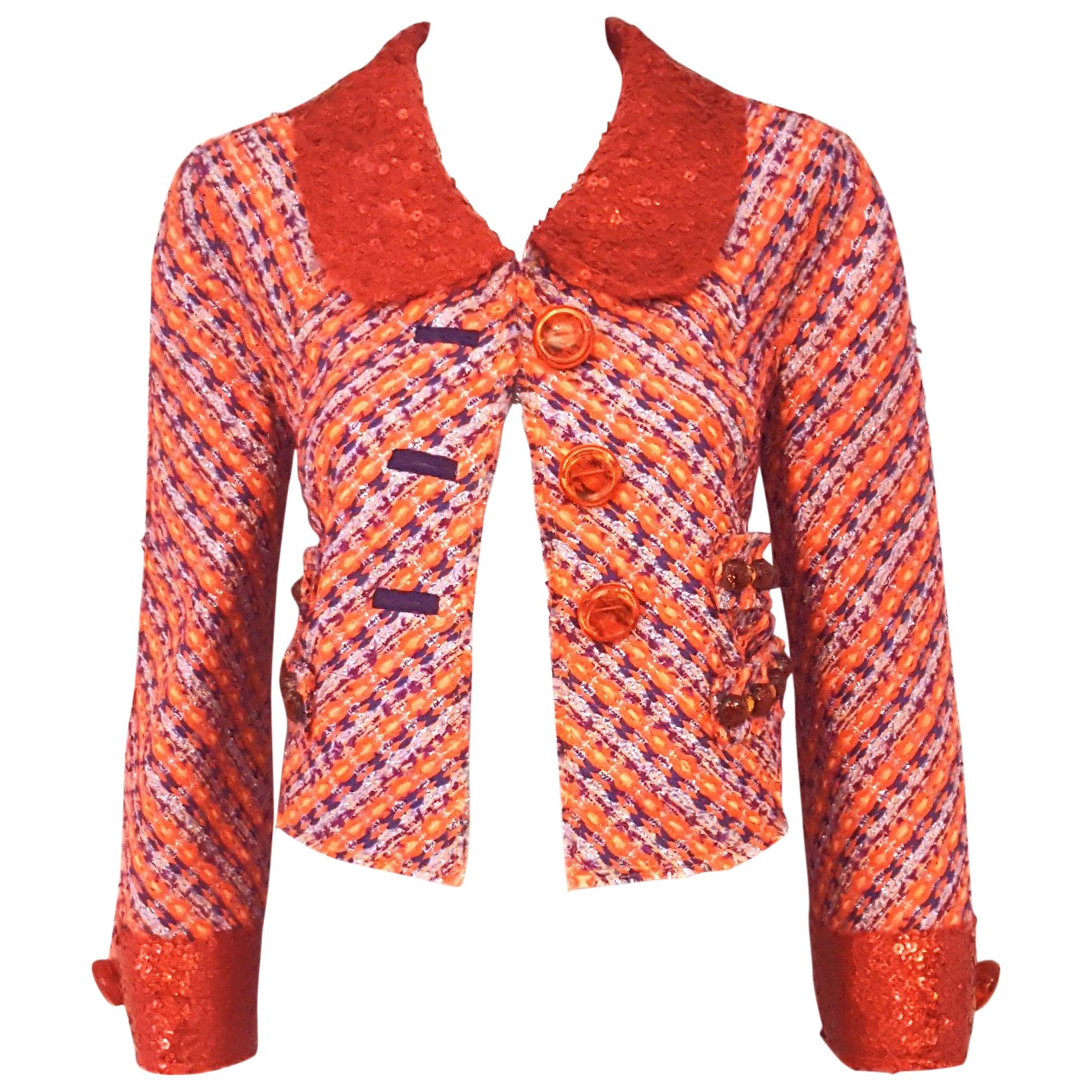 Marc Jacobs Orange Multi Tweed Jacket Sequined & Beaded Embellished