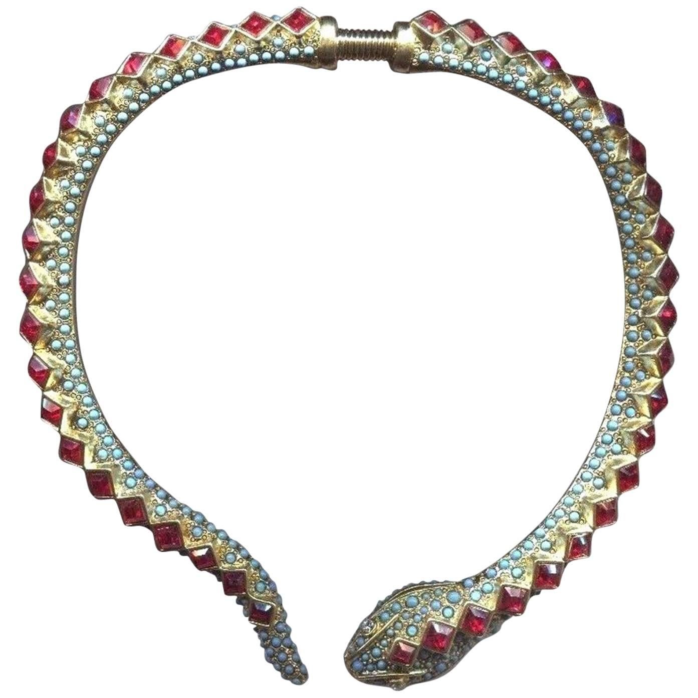 Signed Kenneth Lane KJL Faux Ruby Turquoise Snake Runway Collar Necklace
