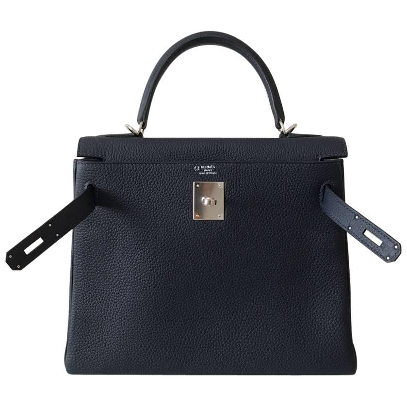 Hermes Handbag Kelly 28 Blue Nuit Clemence Palladium Hardware For Sale