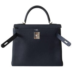 Hermes Handbag Kelly 28 Blue Nuit Clemence Palladium Hardware