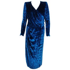 1990 Givenchy Haute-Couture Sapphire Blue Draped Silk Velvet Long Sleeve Dress