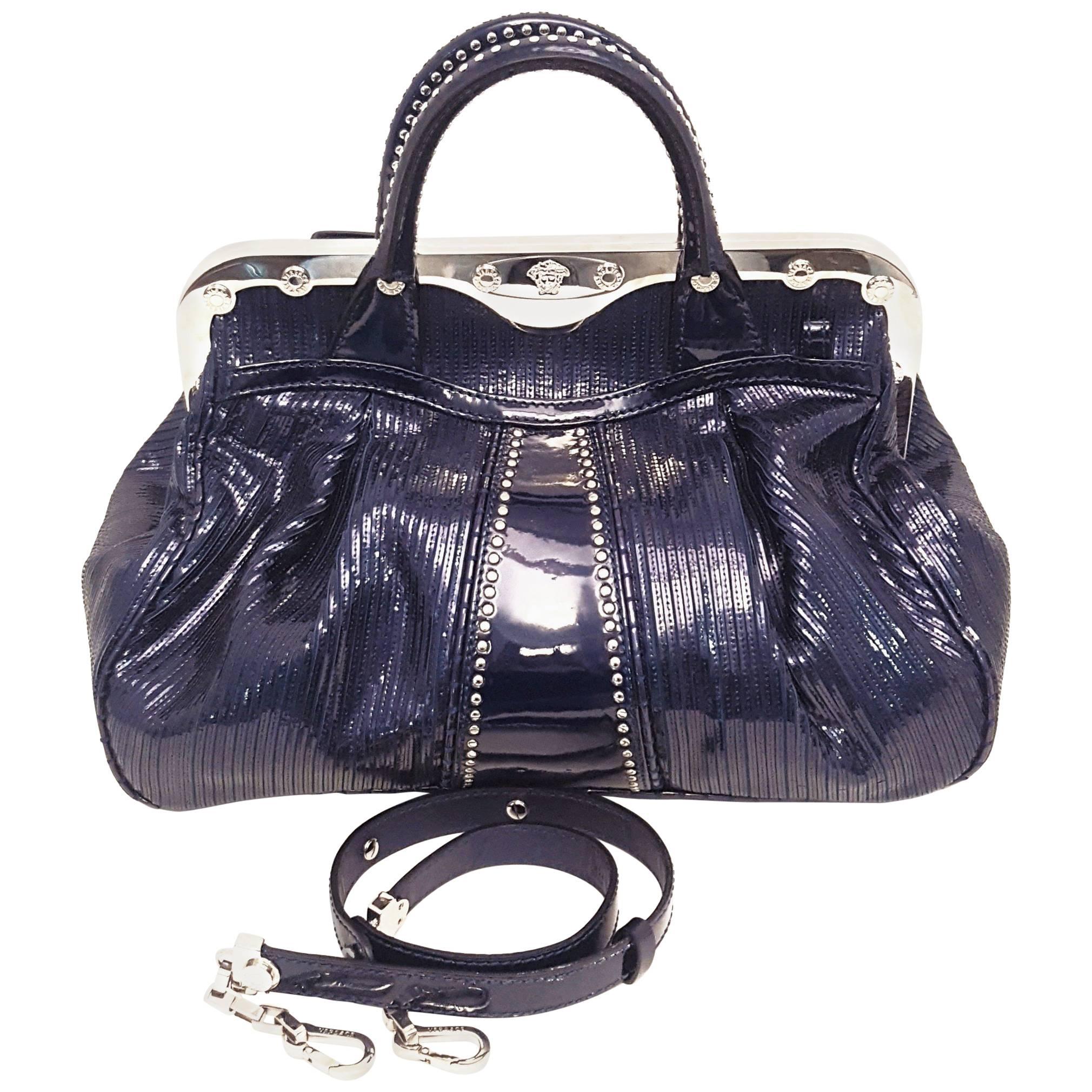 Versace Limited Edition Blue Glitz Patent Leather Satchel