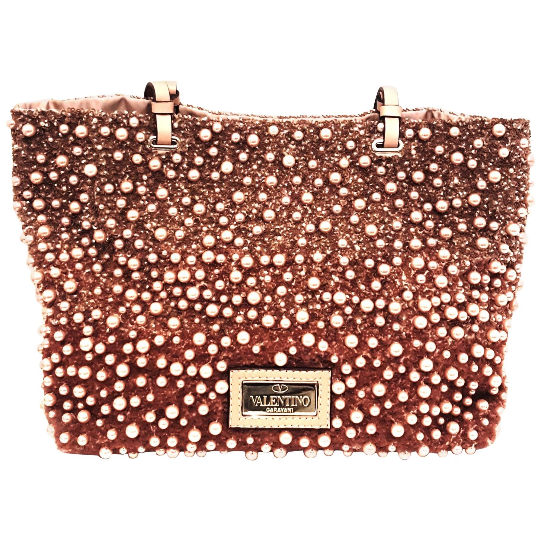 Valentino Faux Pearl Ombre Tote with Sequins on Satin 