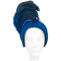 Adolfo II Royal Blue Felt Hat with Matching Cock Feathers, 1960s 