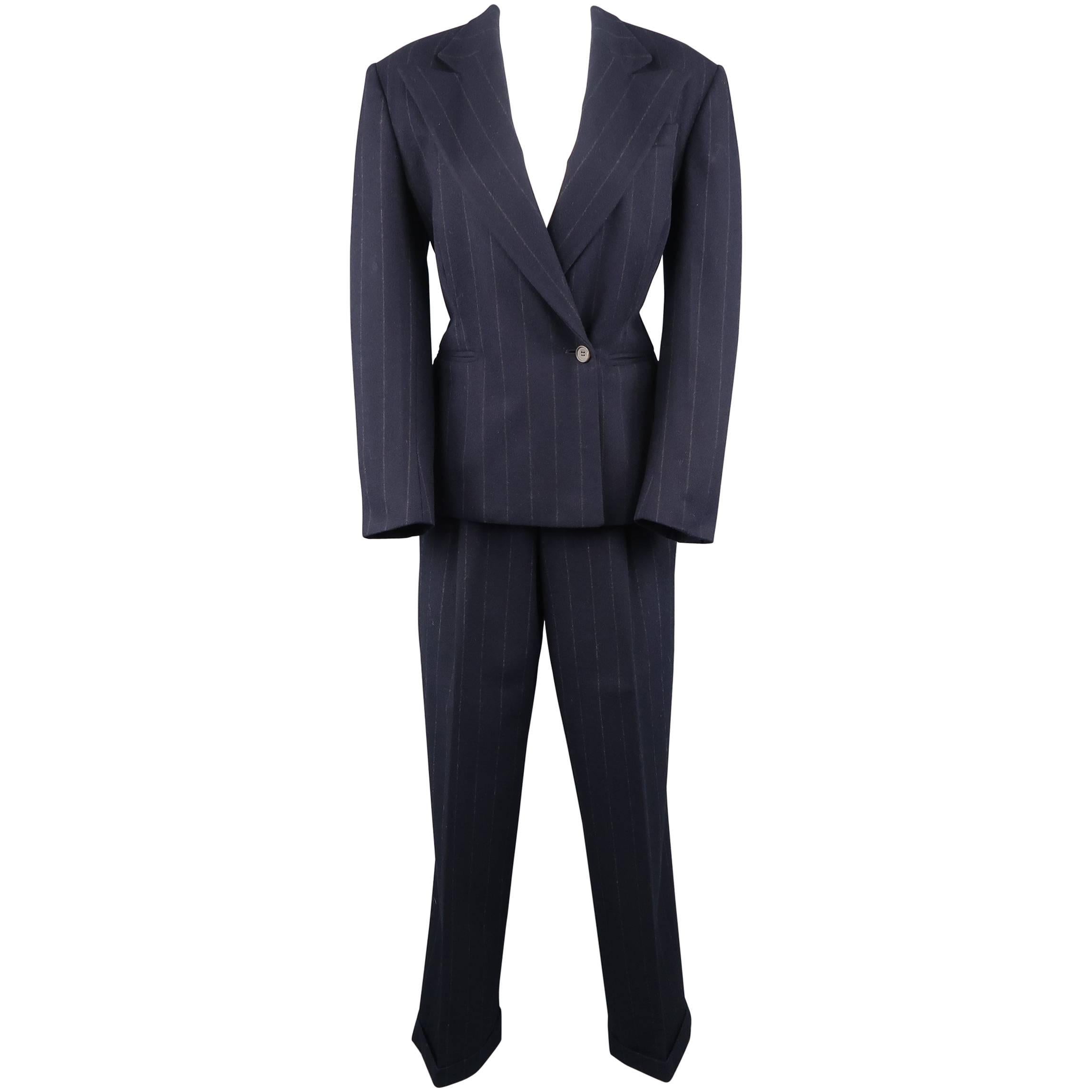 Ralph Lauren Navy Chalkstripe Wool Pleated Peak Lapel Jacket Pants Suit