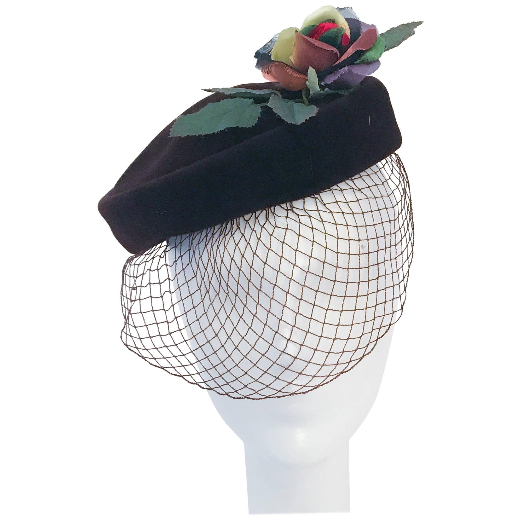 1950s Brown Velvet Cocktail hat with Multicolored Rose For Sale