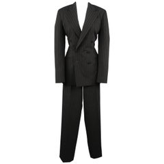 Ralph Lauren Black Pinstripe Double Breasted Peak Lapel Wide Leg Pants Suit