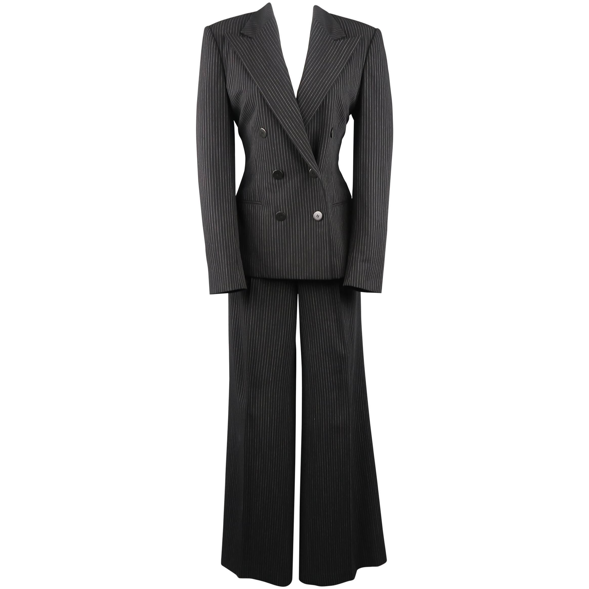 Ralph Lauren Black Pinstripe Double Breasted Peak Lapel Wide Leg Suit