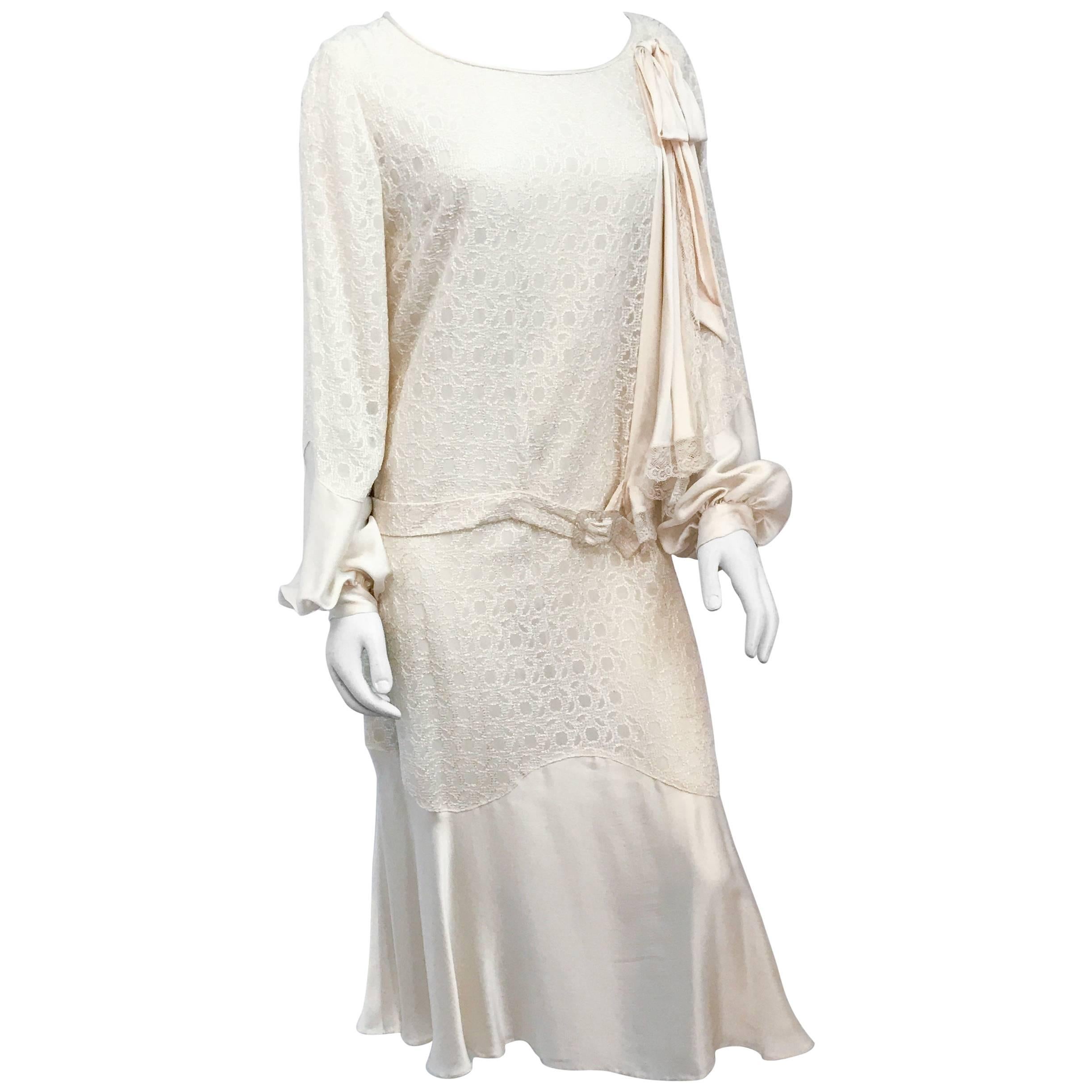 1920s Silk Cream Chiffon and Satin Dress