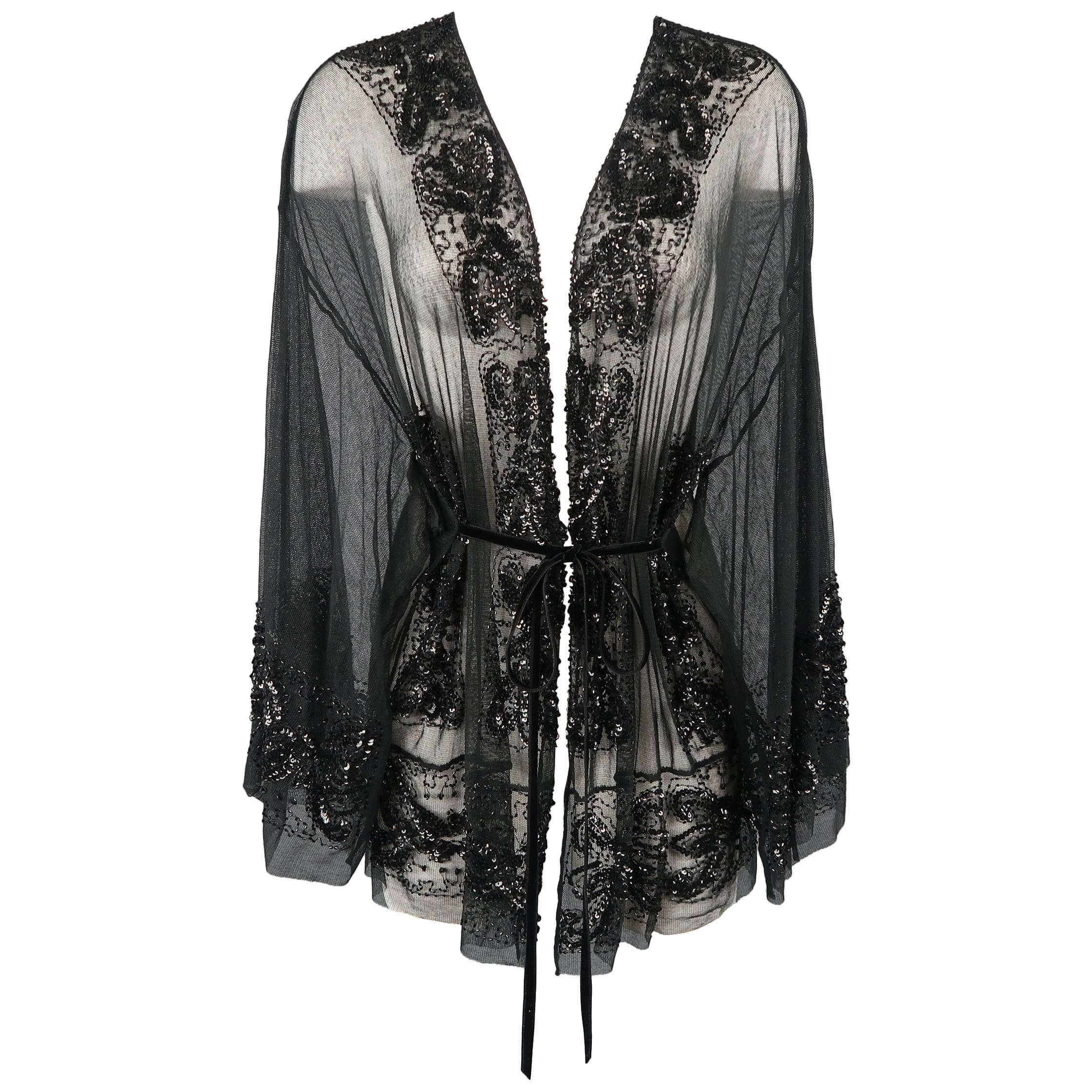 Collette Dinnigan Black Sequin Beaded Mesh Kimono Style Cardigan