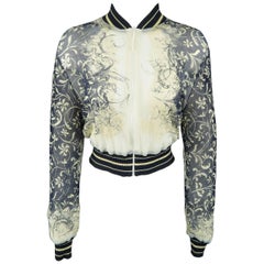 Jean Paul Gaultier White Cream and Navy Floral Mesh Cropped Bomber Cardigan