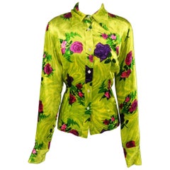 Dries van Noten Chartreuse Green Pink and Purple Rose Print Velvet Blouse