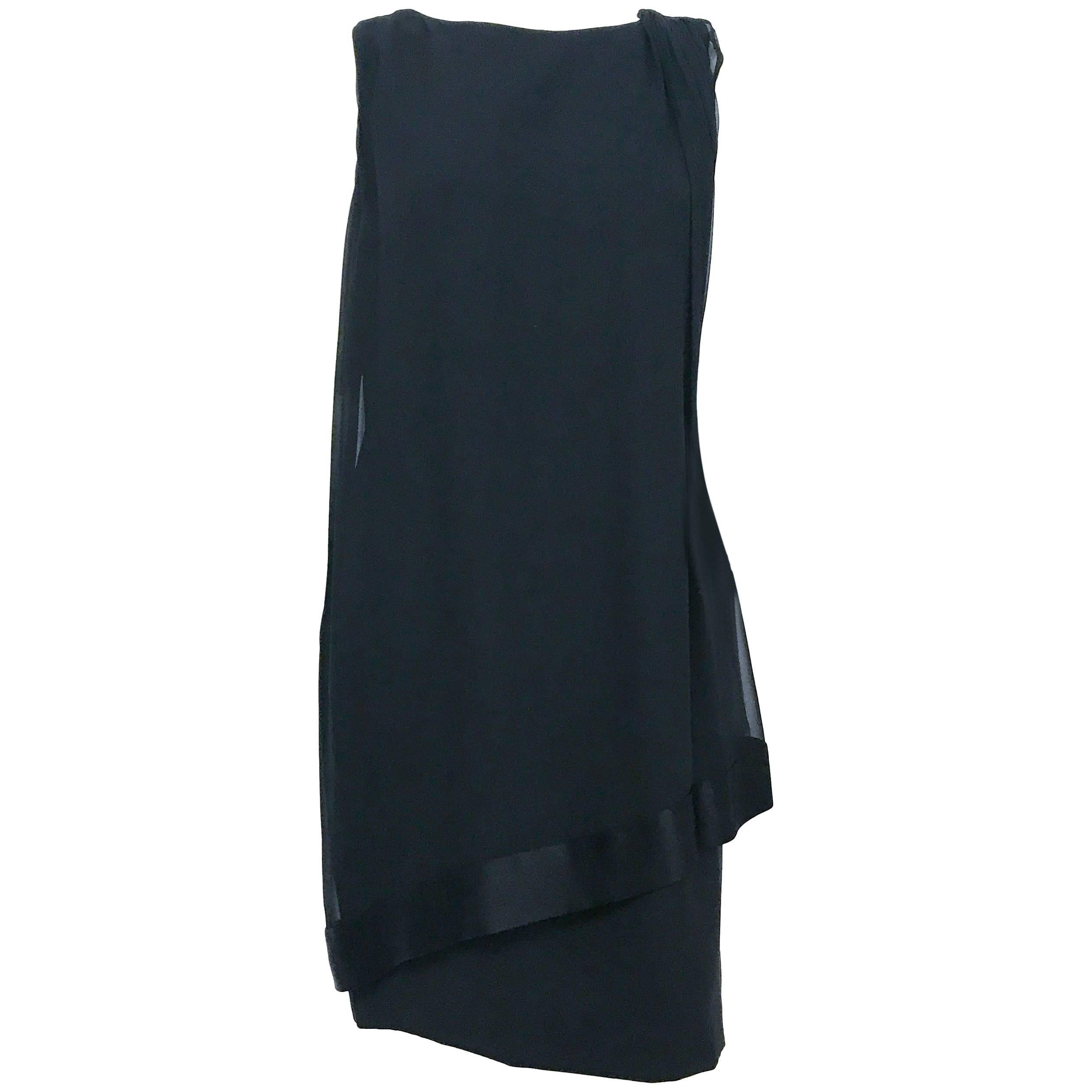 1960s Black Silk Crepe Sheath Dress with Chiffon and Satin Drape For Sale