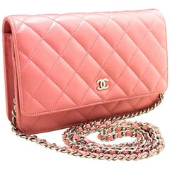 CHANEL Pink Wallet On Chain WOC Shoulder Bag Crossbody Clutch Lamb
