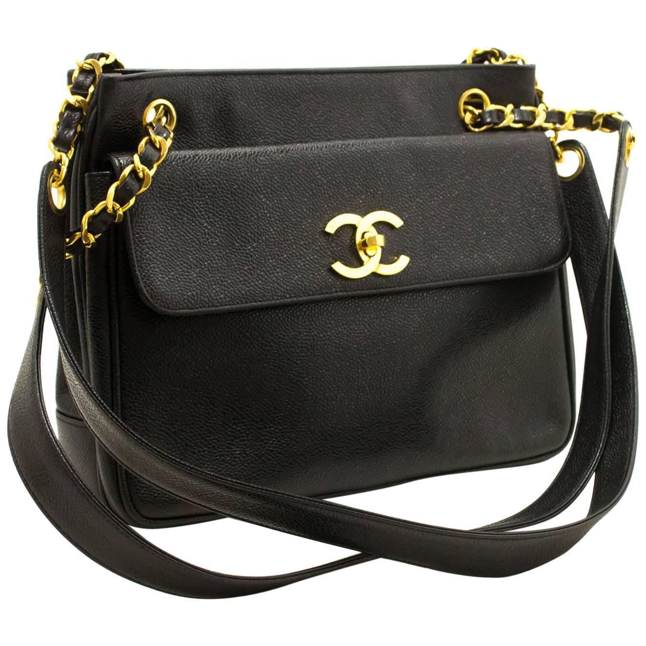 CHANEL Caviar Chain Shoulder Bag Black Leather Gold Hw CC Pocket