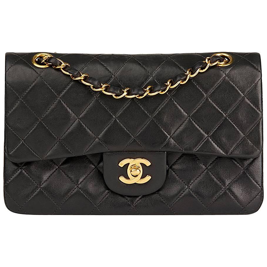 1990s Chanel Black Quilted Lambskin Vintage Small Classic Double Flap Bag