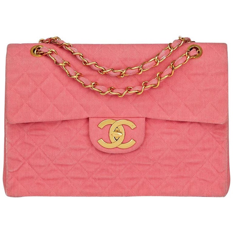 1993 Chanel Pink Quilted Denim Vintage Maxi Jumbo XL Flap Bag at