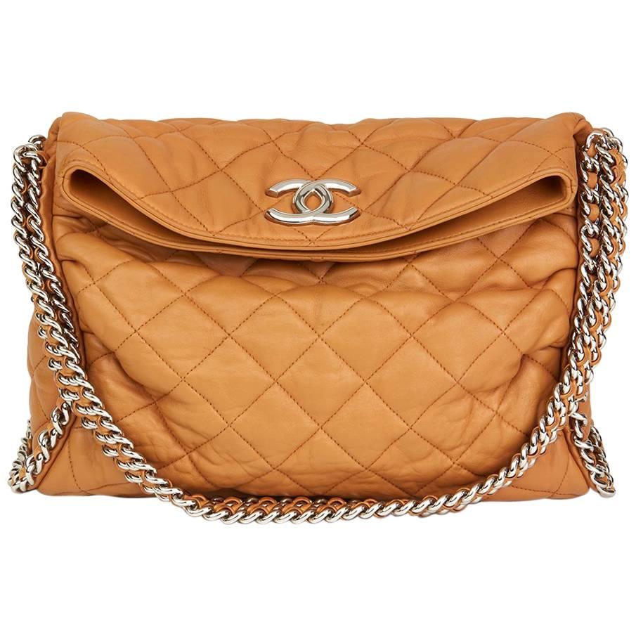 2010 Chanel Honey Beige Quilted Washed Lambskin Chain Around Hobo