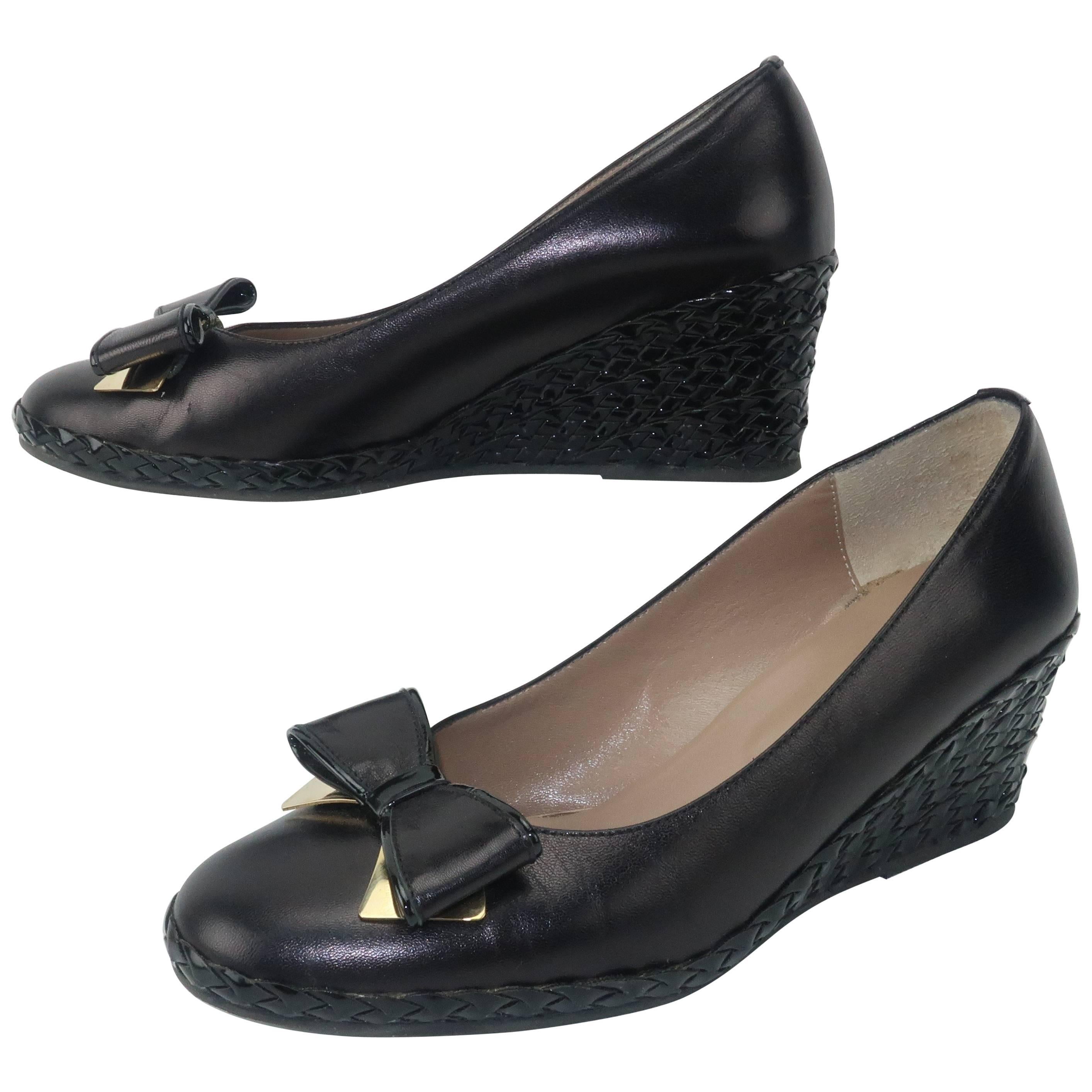 Bruno Magli Black Leather Wedge Shoes With Bow Tie Detail Sz 37