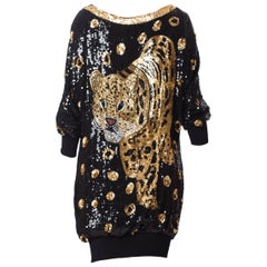 1980s Gucci Style Sequined Tiger Leopard Oversized Pullover Top Dress