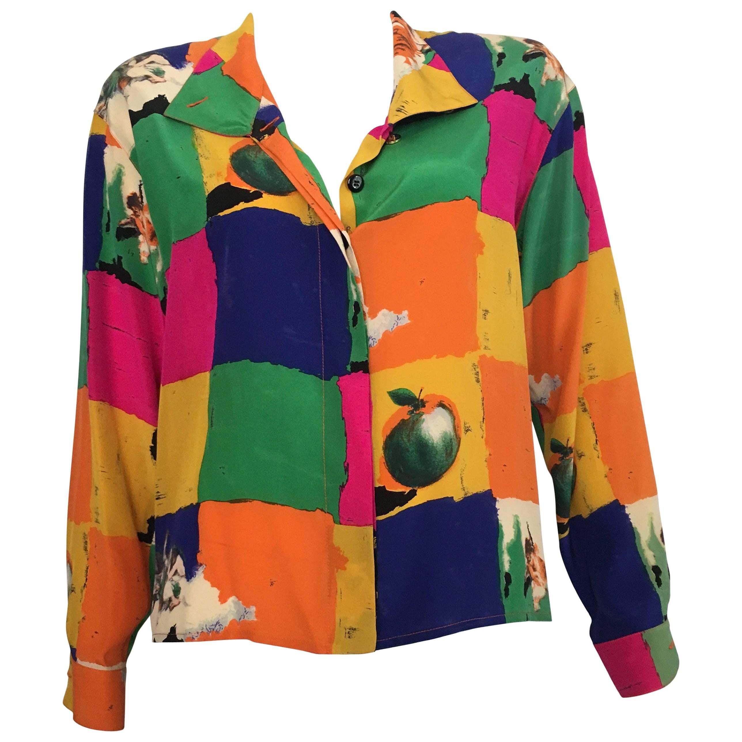 Ungaro Parallele Paris 1980s Silk Long Sleeve Abstract Blouse, Size 4 / 6.  For Sale