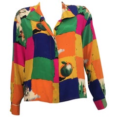 Ungaro Parallele Paris 1980s Silk Long Sleeve Abstract Blouse, Size 4 / 6.