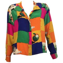 Ungaro Parallele Paris 1980s Silk Long Sleeve Abstract Blouse, Size 4 / 6. 