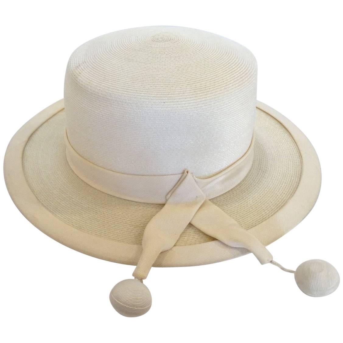 Panama style Ivory Straw Boater Hat, 1970s