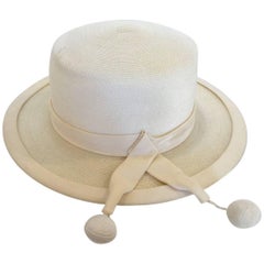 Vintage Panama style Ivory Straw Boater Hat, 1970s