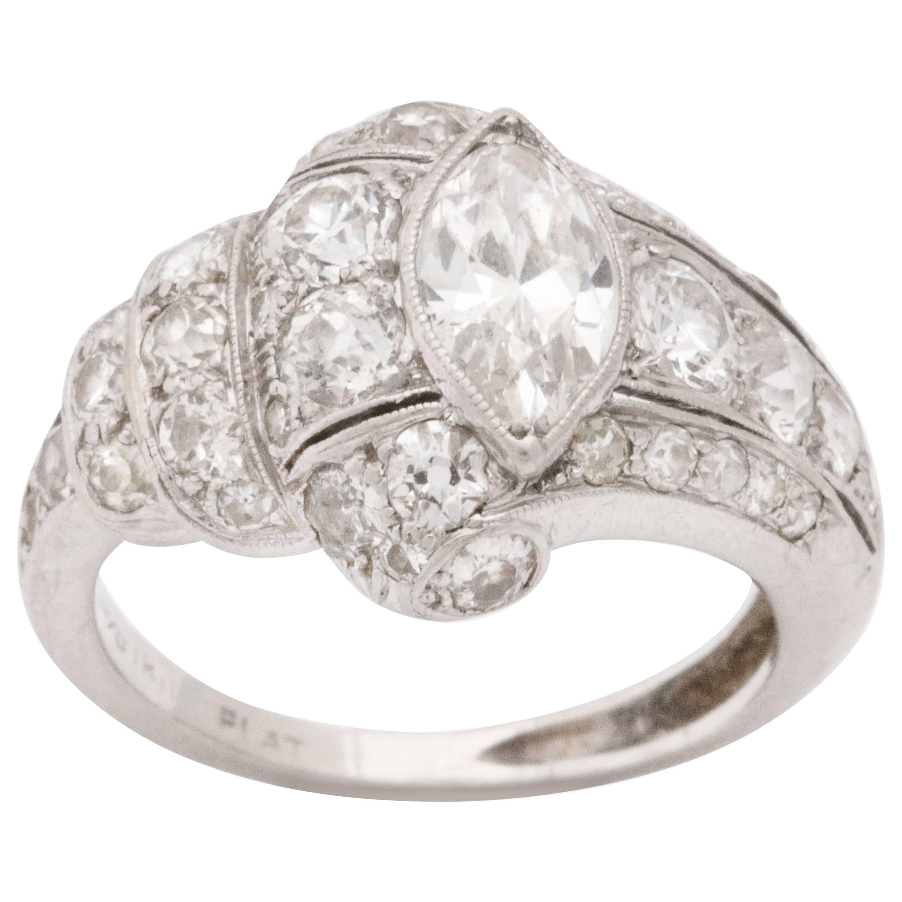 Art Deco Platinum Marquise Diamond Cocktail Ring  For Sale