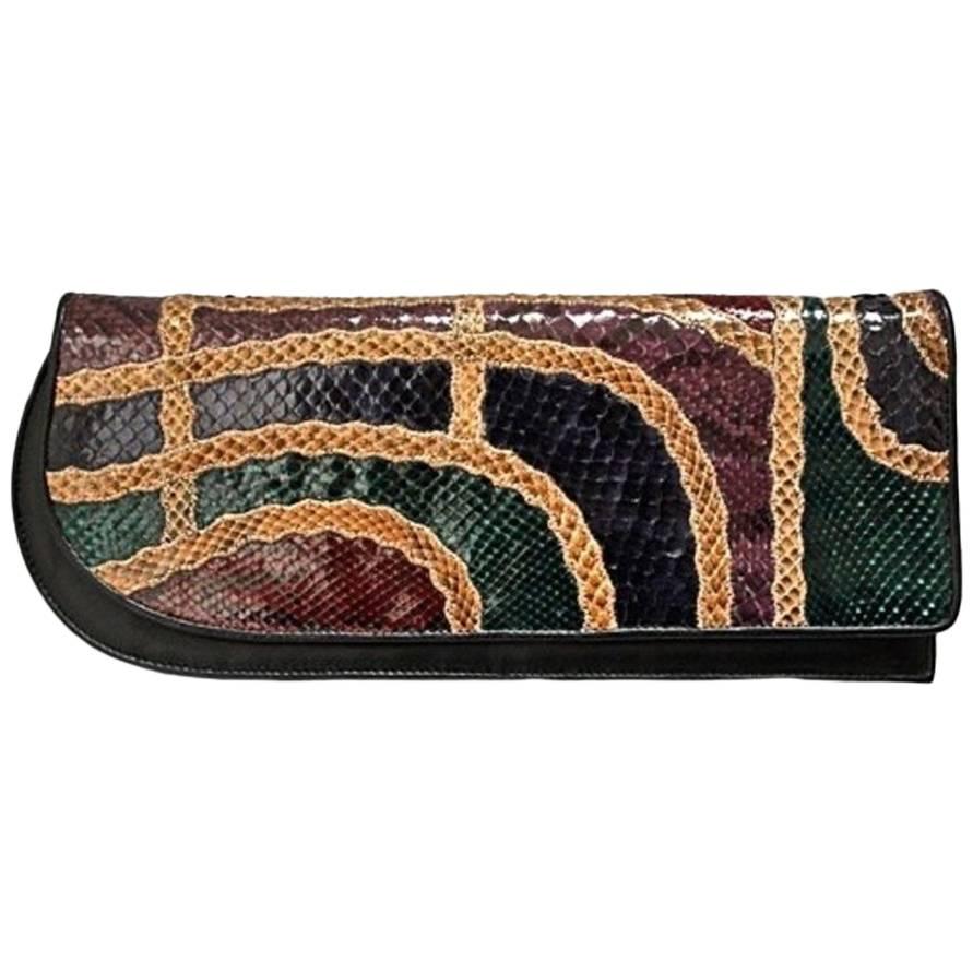 1980's CARLOS FALCHI asymmetrical snakeskin patchwork clutch bag with strap For Sale