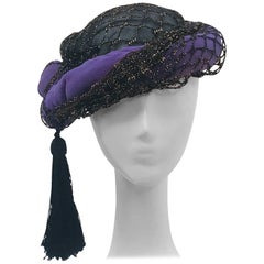 Vintage Irina Roublon Purple and Black Velvet Turban, 1940s 