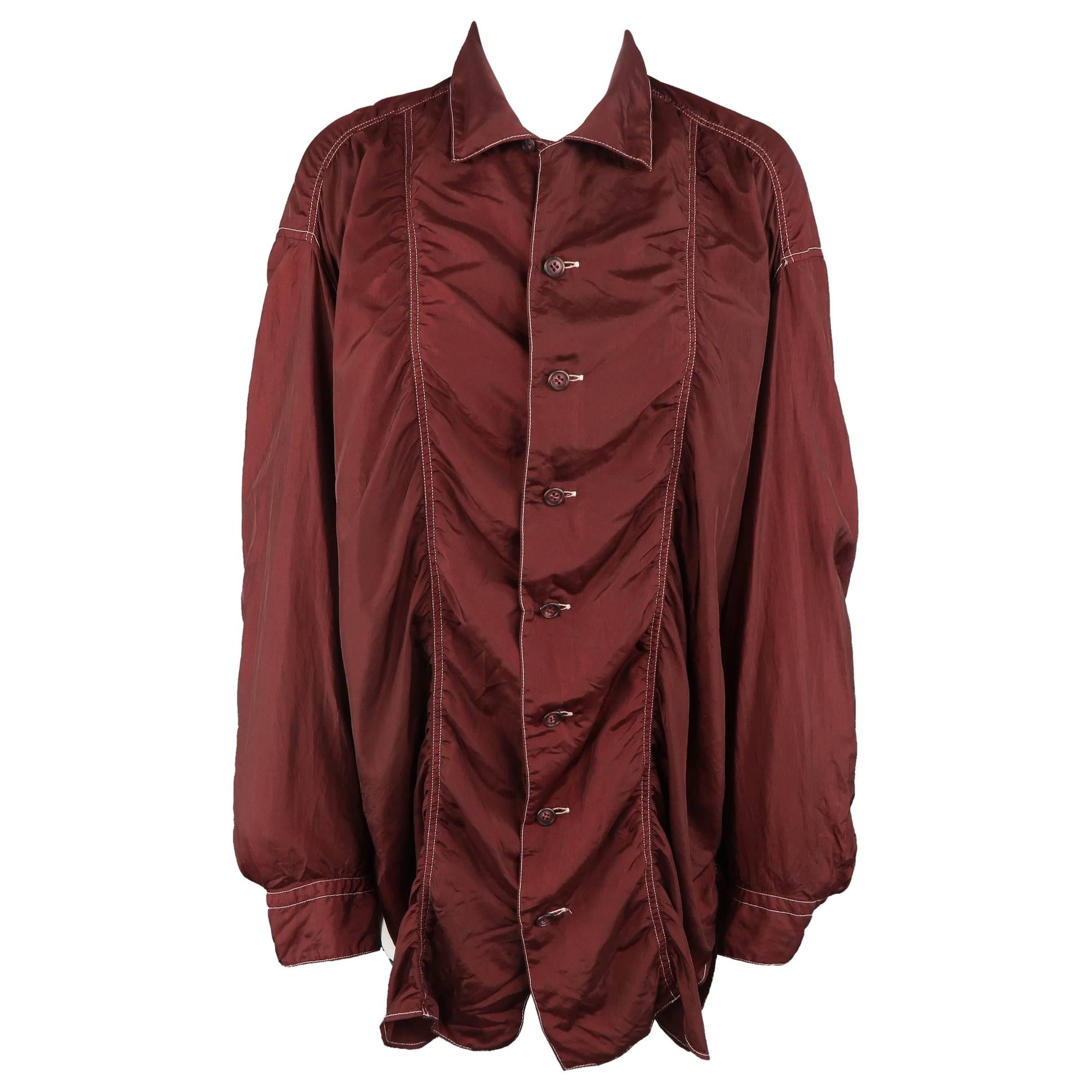 Issey Miyake Burgundy Taffeta Gathered Contrast Stitch Shirt