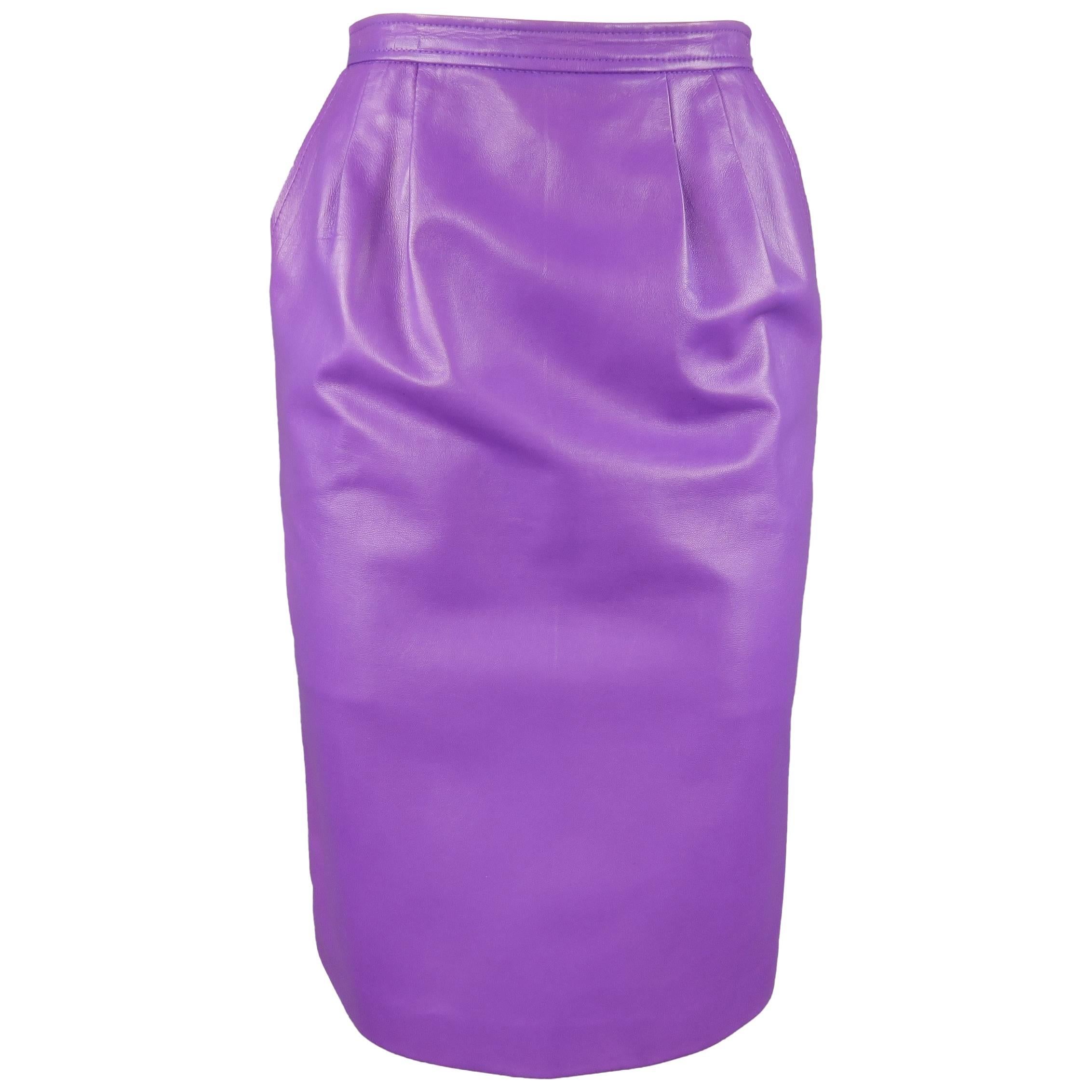 YVES SAINT LAURENT Rive Gauche Size 4 Purple Leather Pencil Skirt