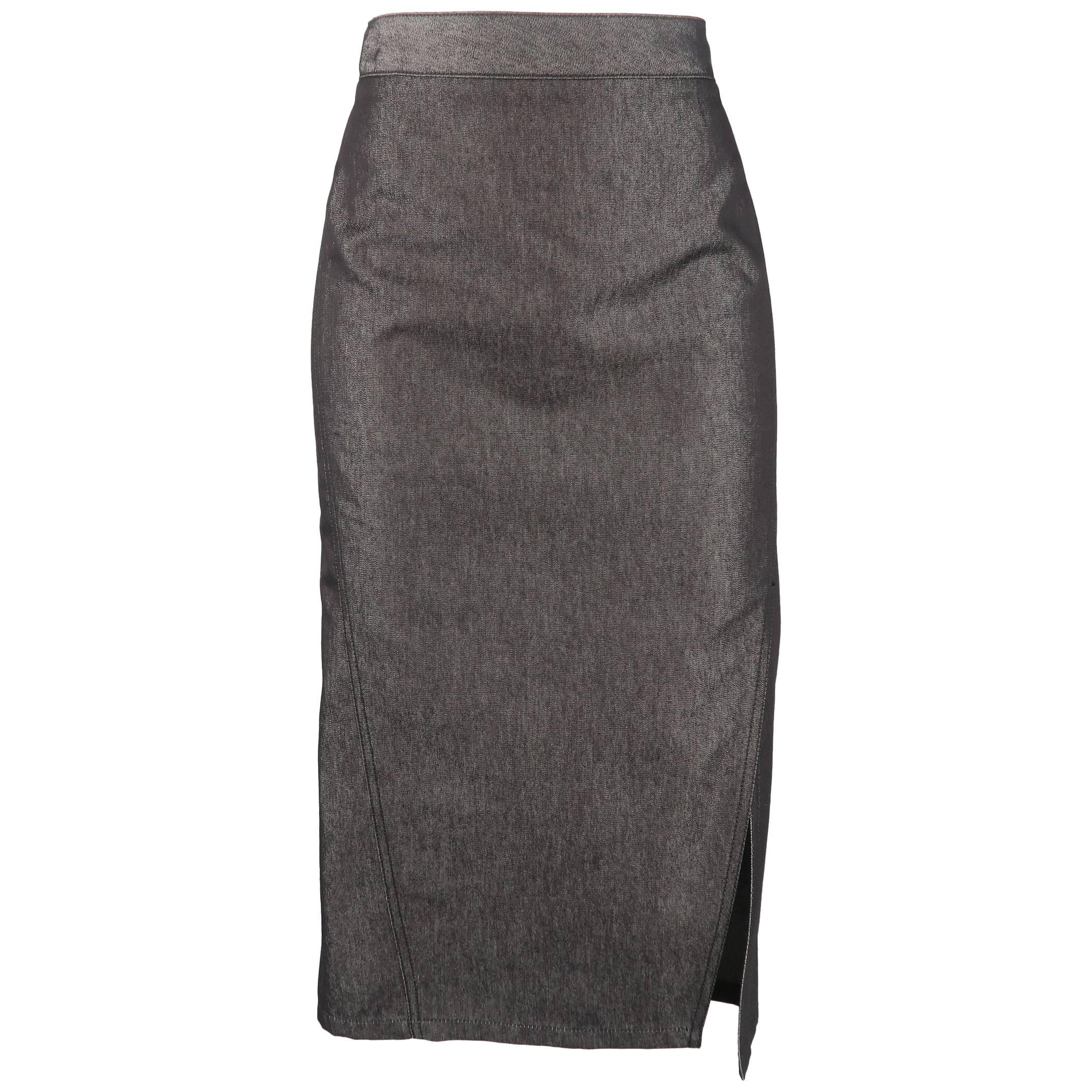 GUCCI Size 4 Metallic Denim Pencil Skirt