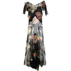 Floral Print Silk and Lace Gown, 1930s