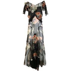 Vintage  Floral Print Silk and Lace Gown, 1930s 