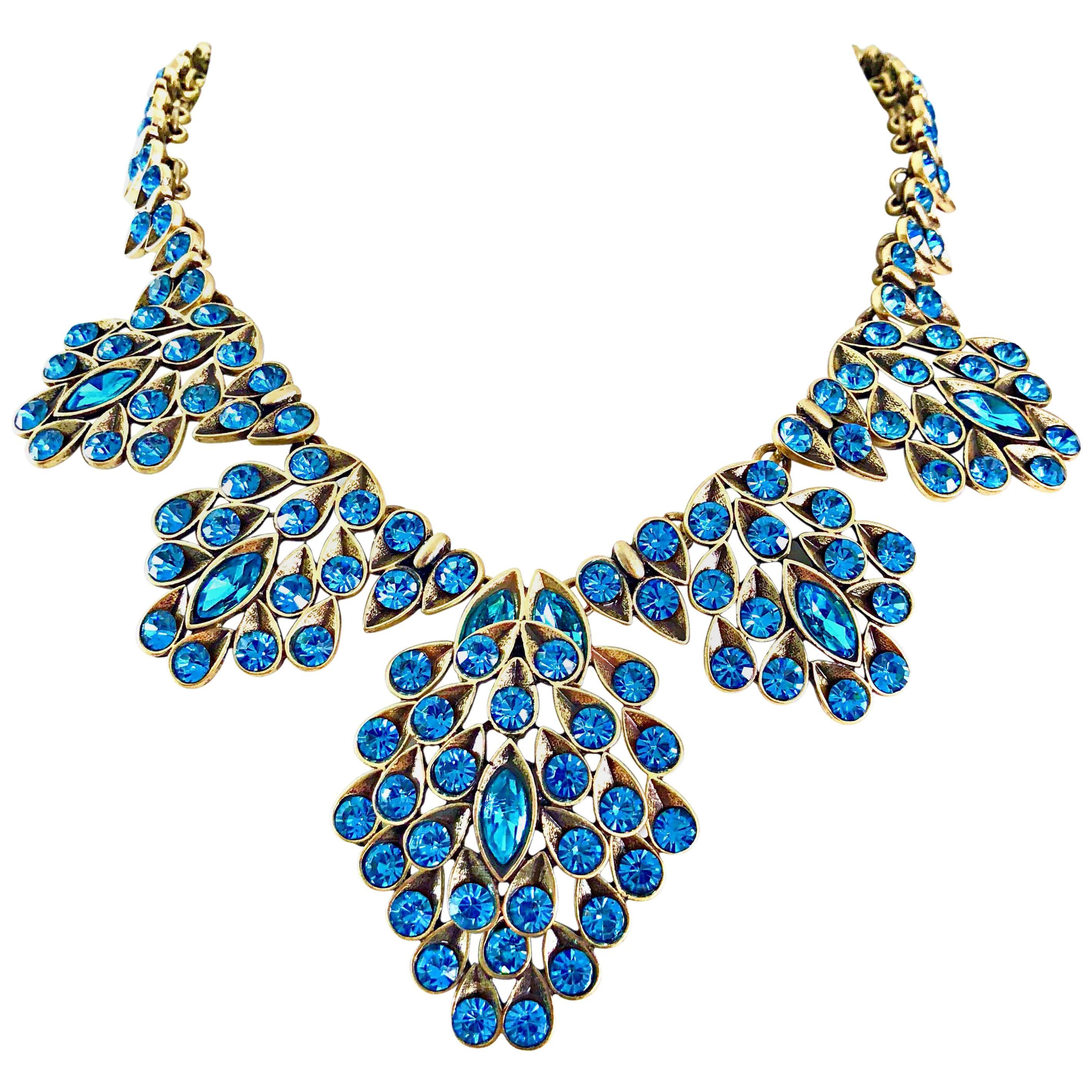 Vintage Oscar de la Renta Turquoise Blue 90s Gold Beaded Pendant 1990s Necklace
