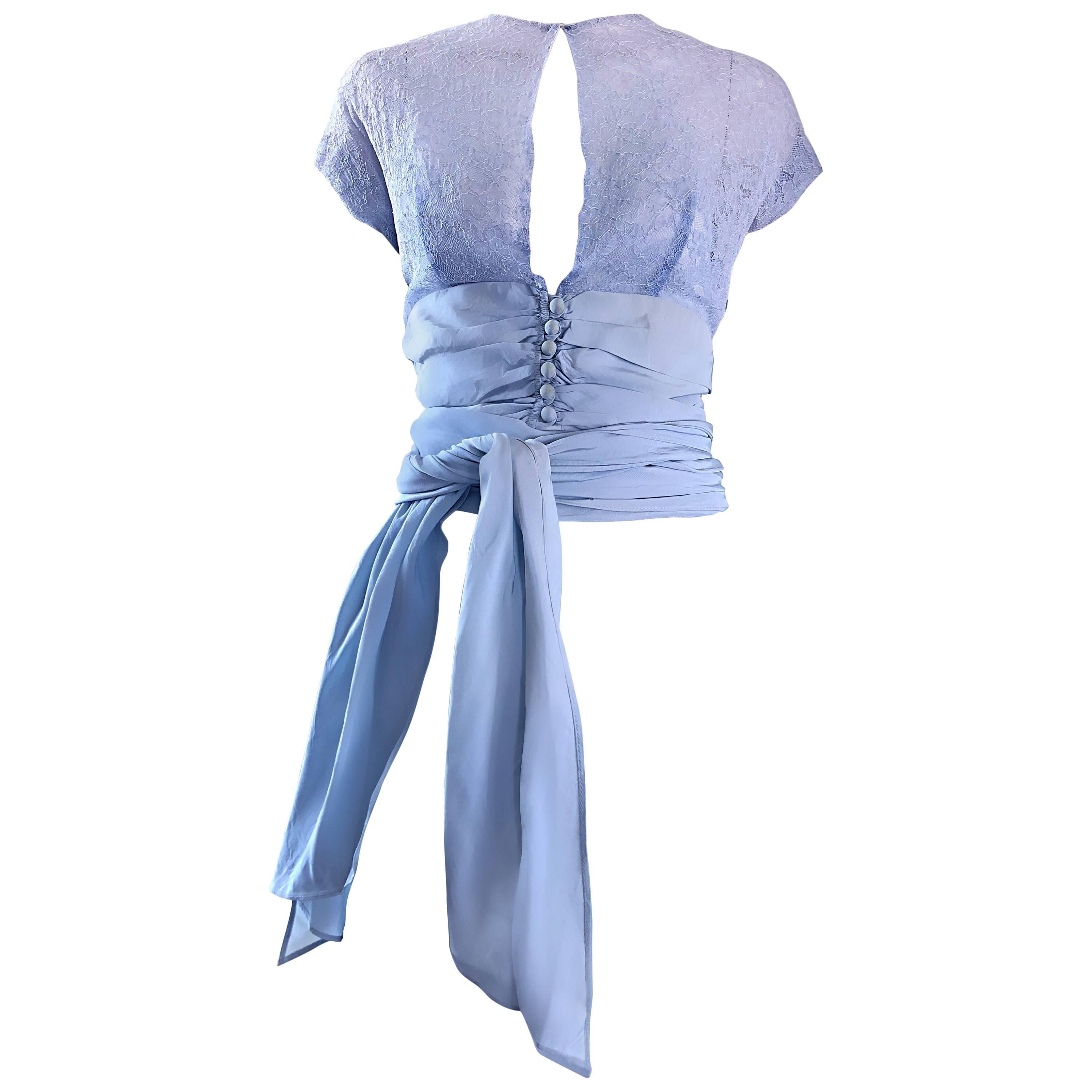 Chic 1950s Pale Blue Couture French Lace Taffeta Avant Garde Vintage 50s Blouse For Sale