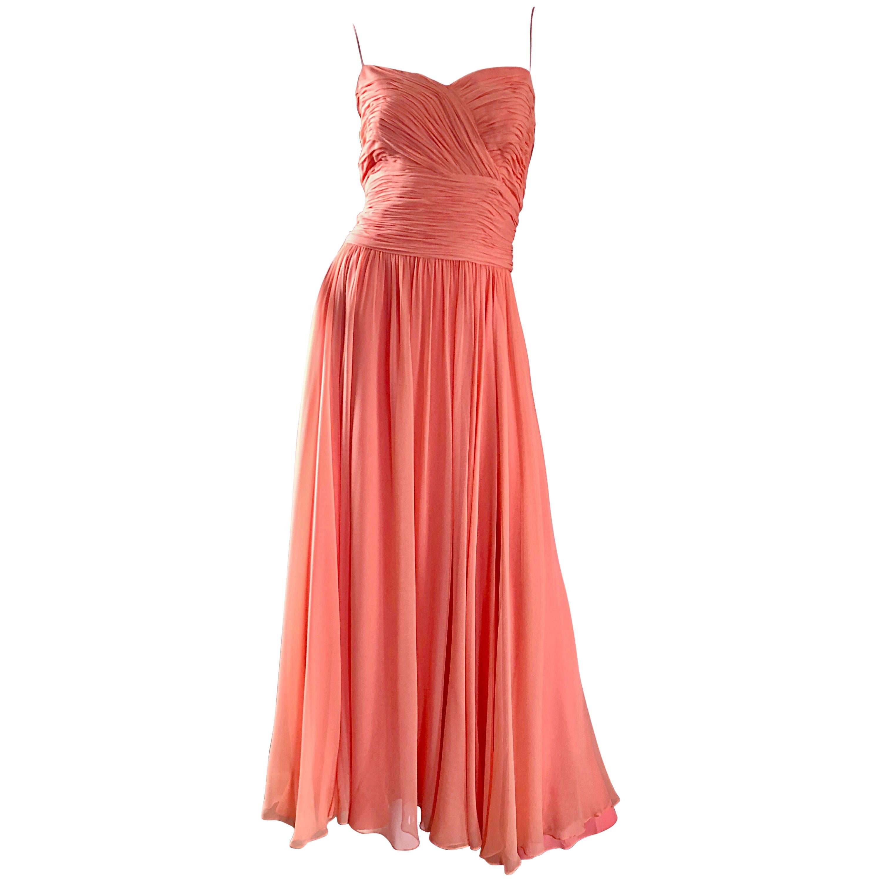 Gorgeous 1950s Saks 5th Ave. Salmon / Coral Pink Silk Chiffon Vintage 50s Gown
